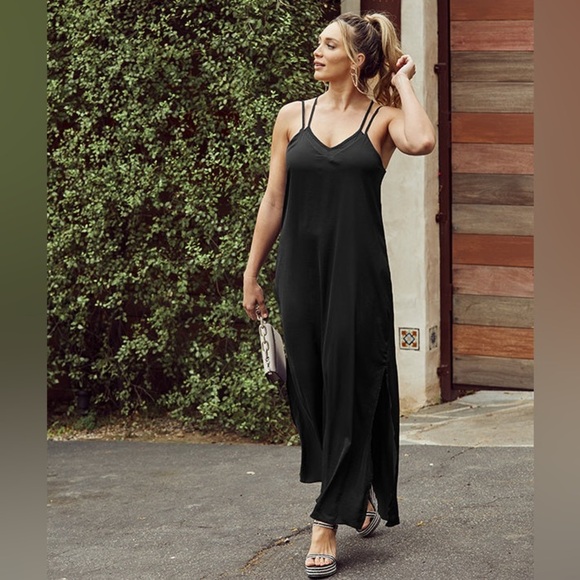 SheBird Savannah Strappy Maxi Bra Dress Black Bamboo Slit Size XS 1 EUC - Picture 1 of 8